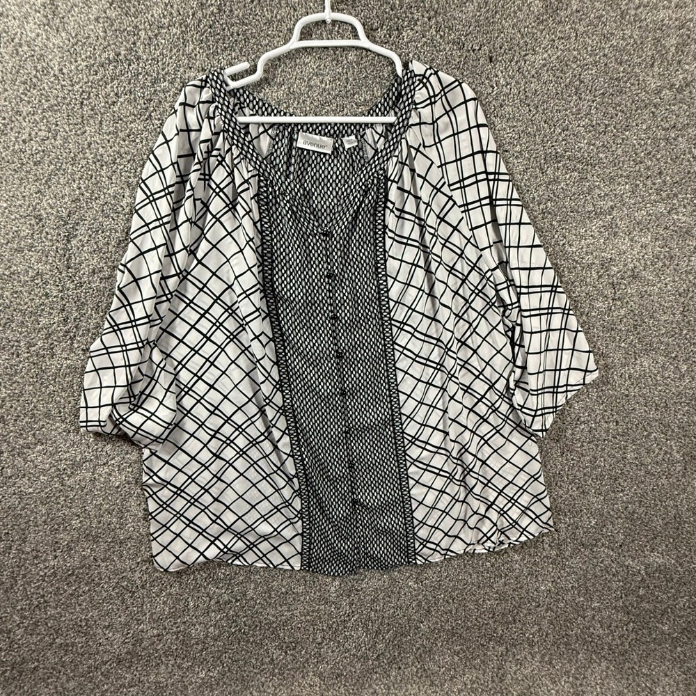 Avenue Womens Plus Size 26/28 Blouse Black White Mixed Print 3/4 Sleeve Top
